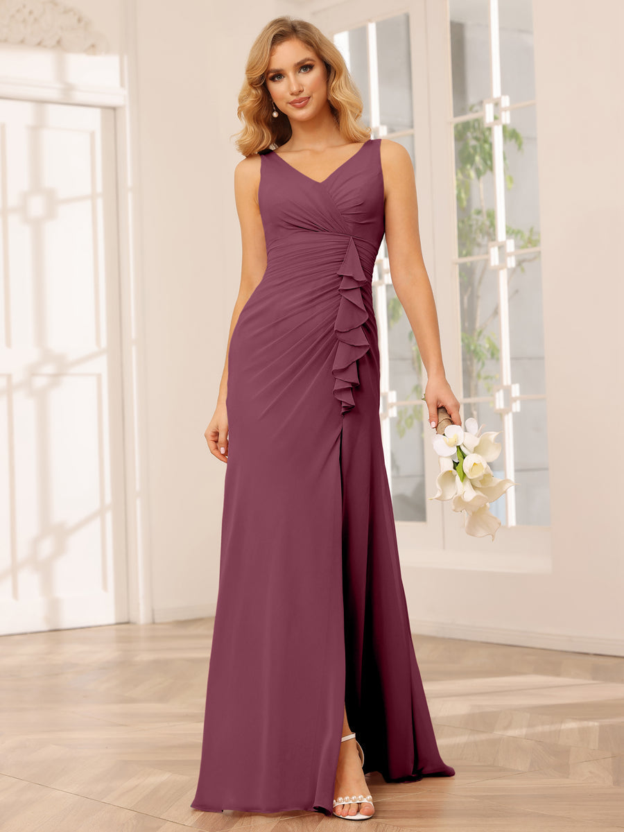 Vestidos Longos de Dama de Honra com Bainha/Coluna e Decote Em V com Lado Dividido