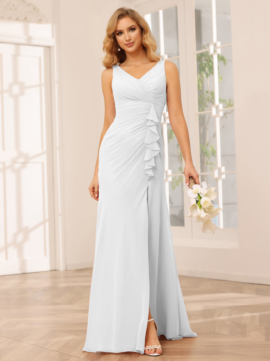 Vestidos Longos de Dama de Honra com Bainha/Coluna e Decote Em V com Lado Dividido