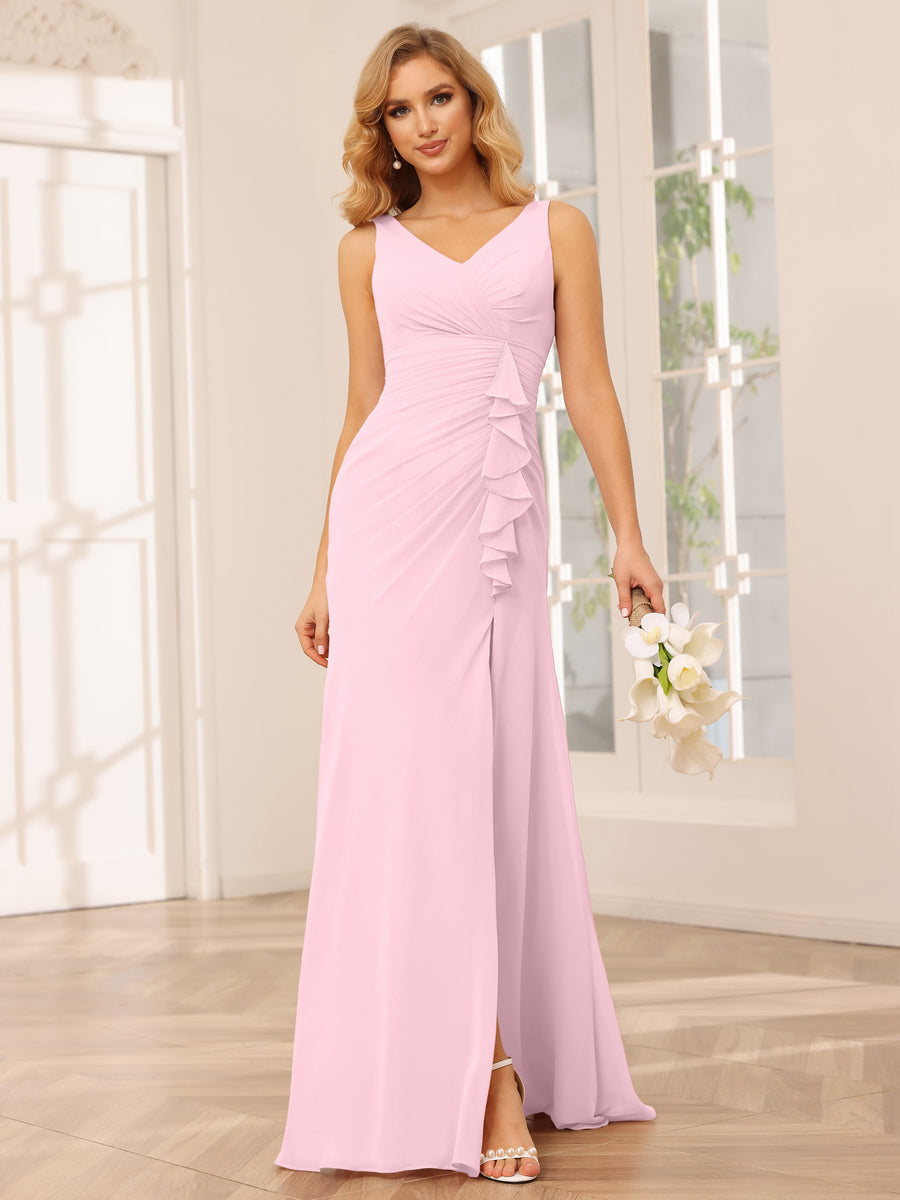 Vestidos Longos de Dama de Honra com Bainha/Coluna e Decote Em V com Lado Dividido