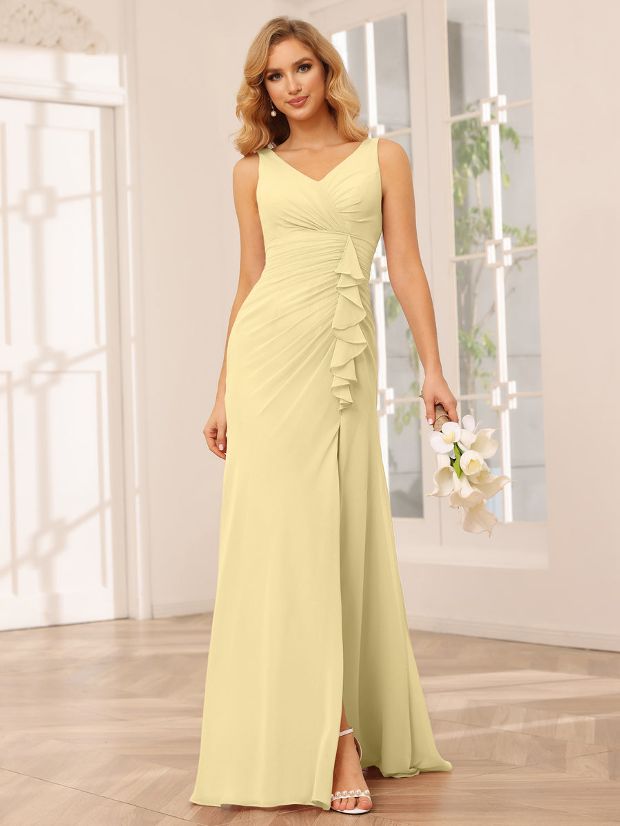 Vestidos Longos de Dama de Honra com Bainha/Coluna e Decote Em V com Lado Dividido