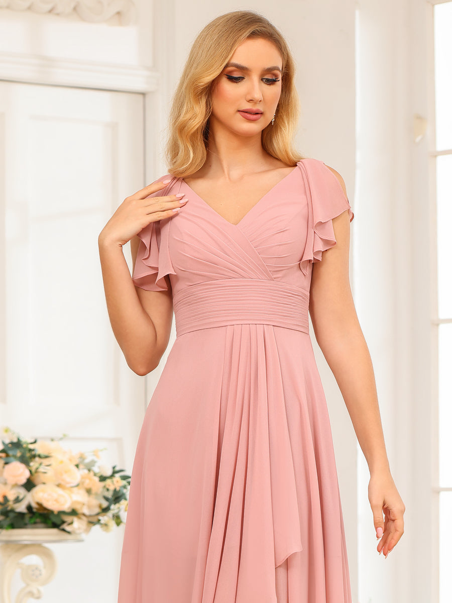 Vestidos Longos de Festa de Casamento Evasê/Princesa com Decote Em V e Babados