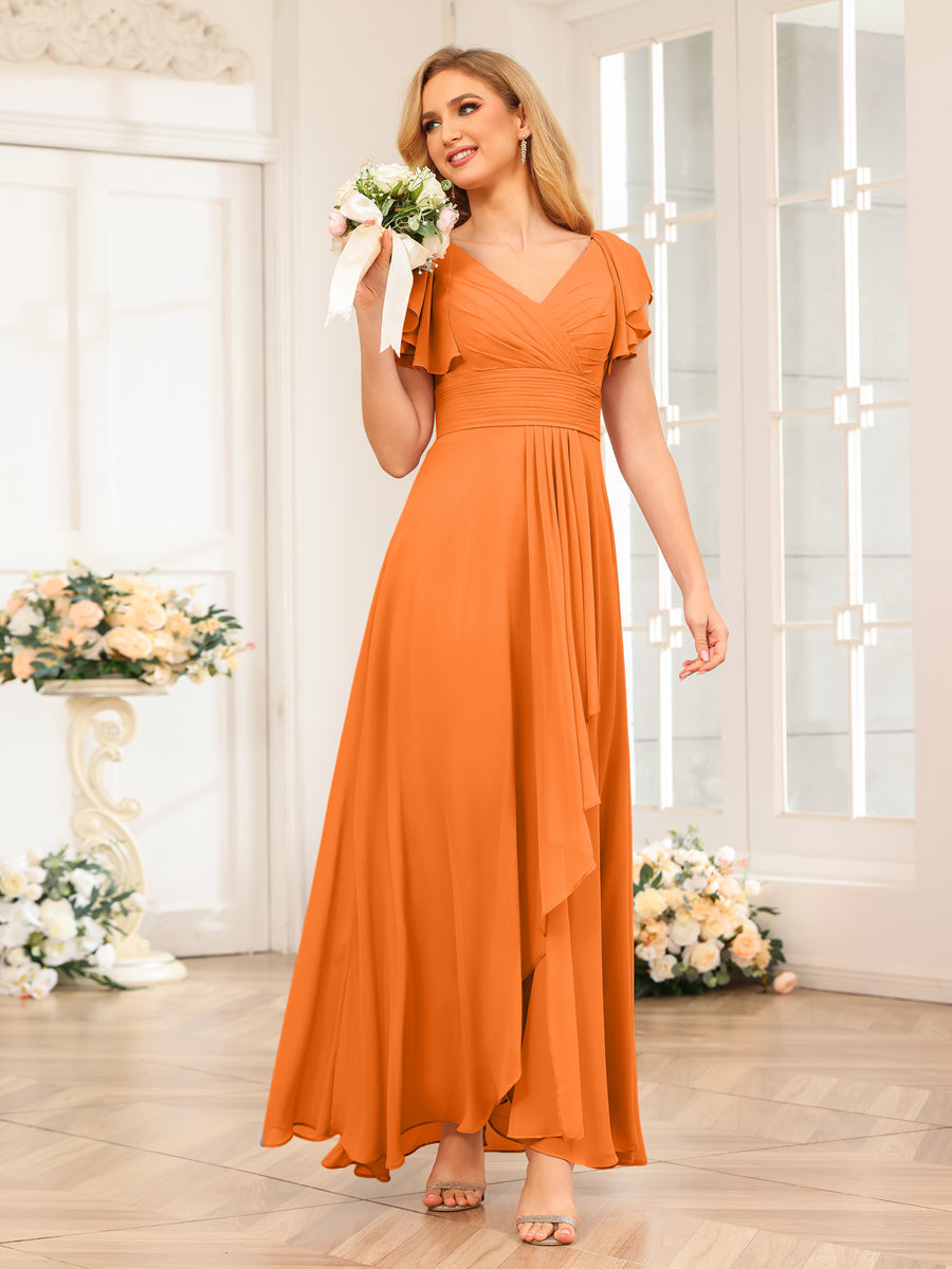 Vestidos Longos de Festa de Casamento Evasê/Princesa com Decote Em V e Babados