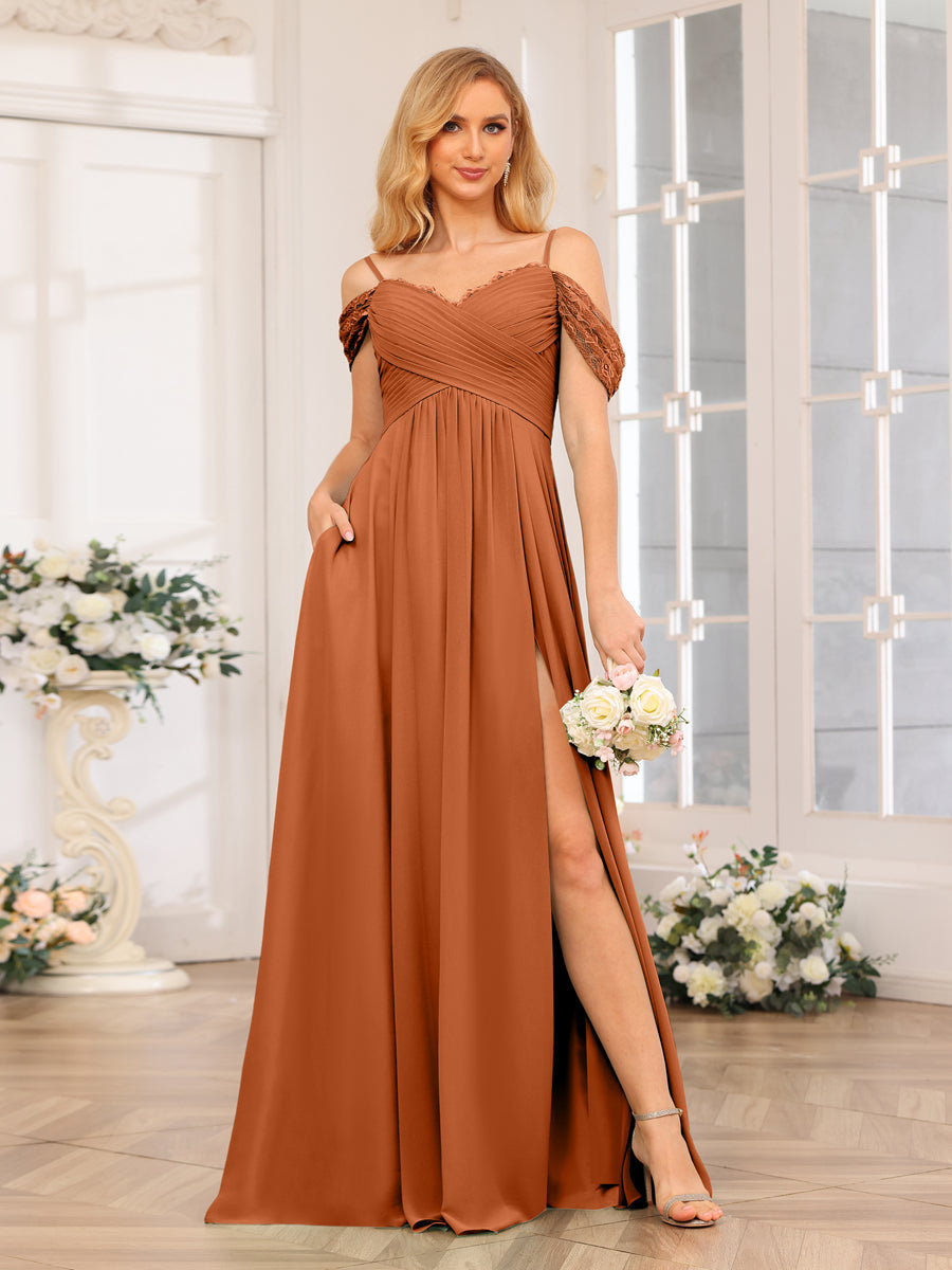 Vestidos Longos de Festa de Casamento com Alças Finas Evasê/Princesa com Laterais Divididas e Bolsos