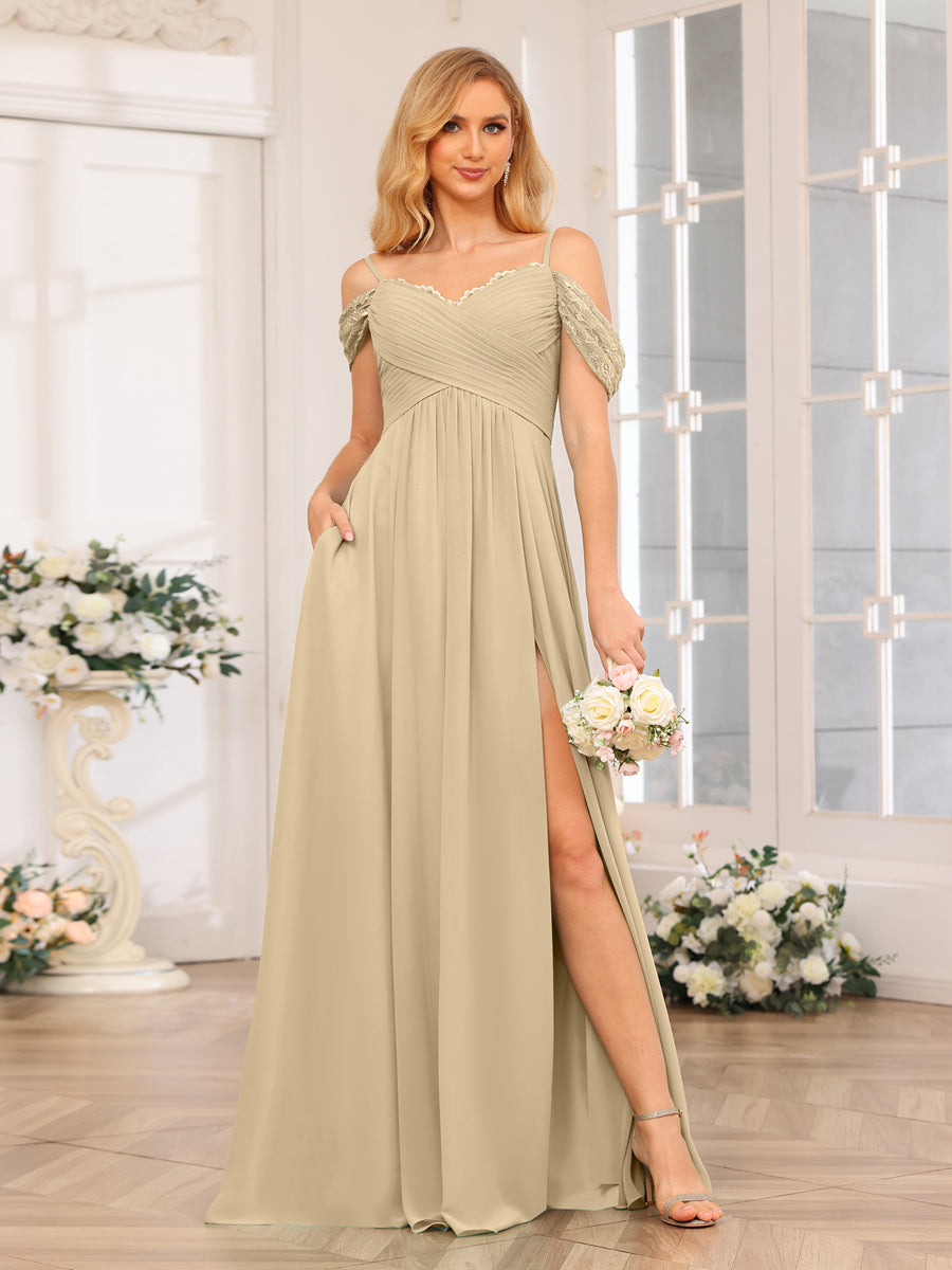 Vestidos Longos de Festa de Casamento com Alças Finas Evasê/Princesa com Laterais Divididas e Bolsos