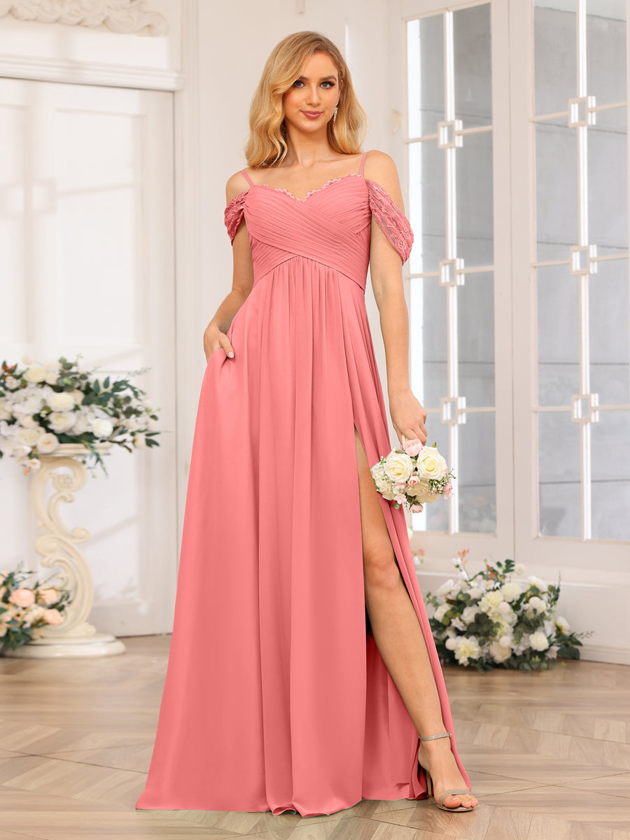 Vestidos Longos de Festa de Casamento com Alças Finas Evasê/Princesa com Laterais Divididas e Bolsos