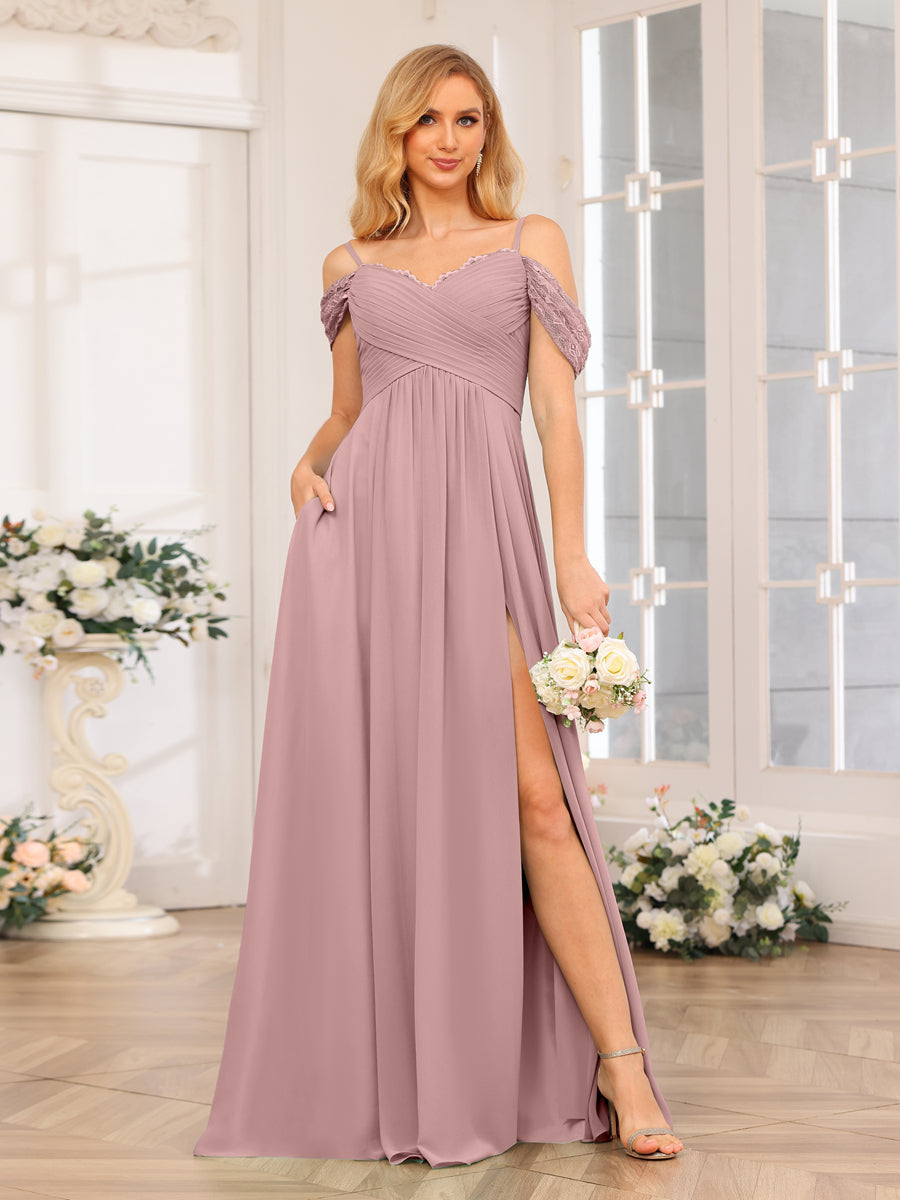 Vestidos Longos de Festa de Casamento com Alças Finas Evasê/Princesa com Laterais Divididas e Bolsos
