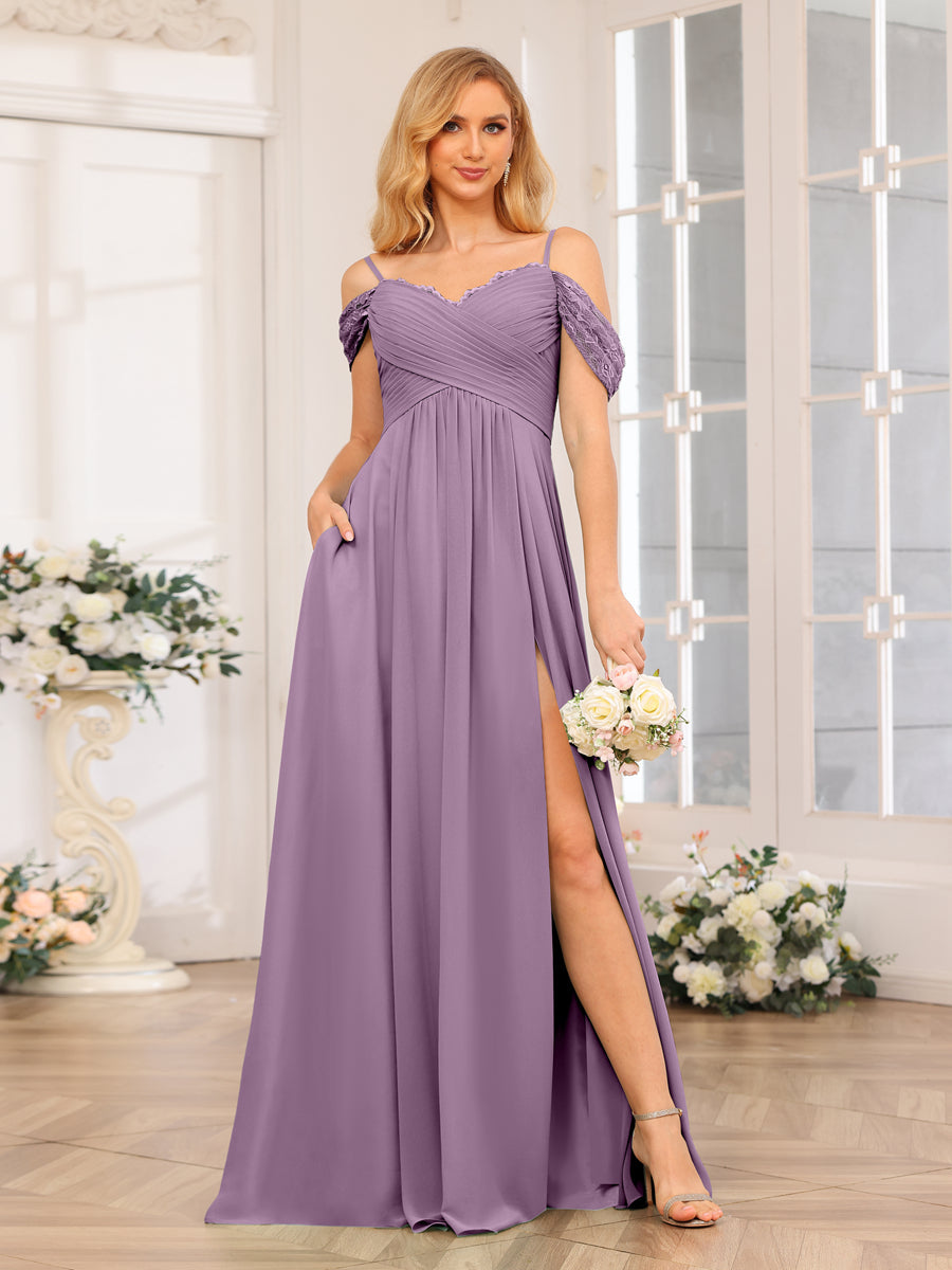 Vestidos Longos de Festa de Casamento com Alças Finas Evasê/Princesa com Laterais Divididas e Bolsos