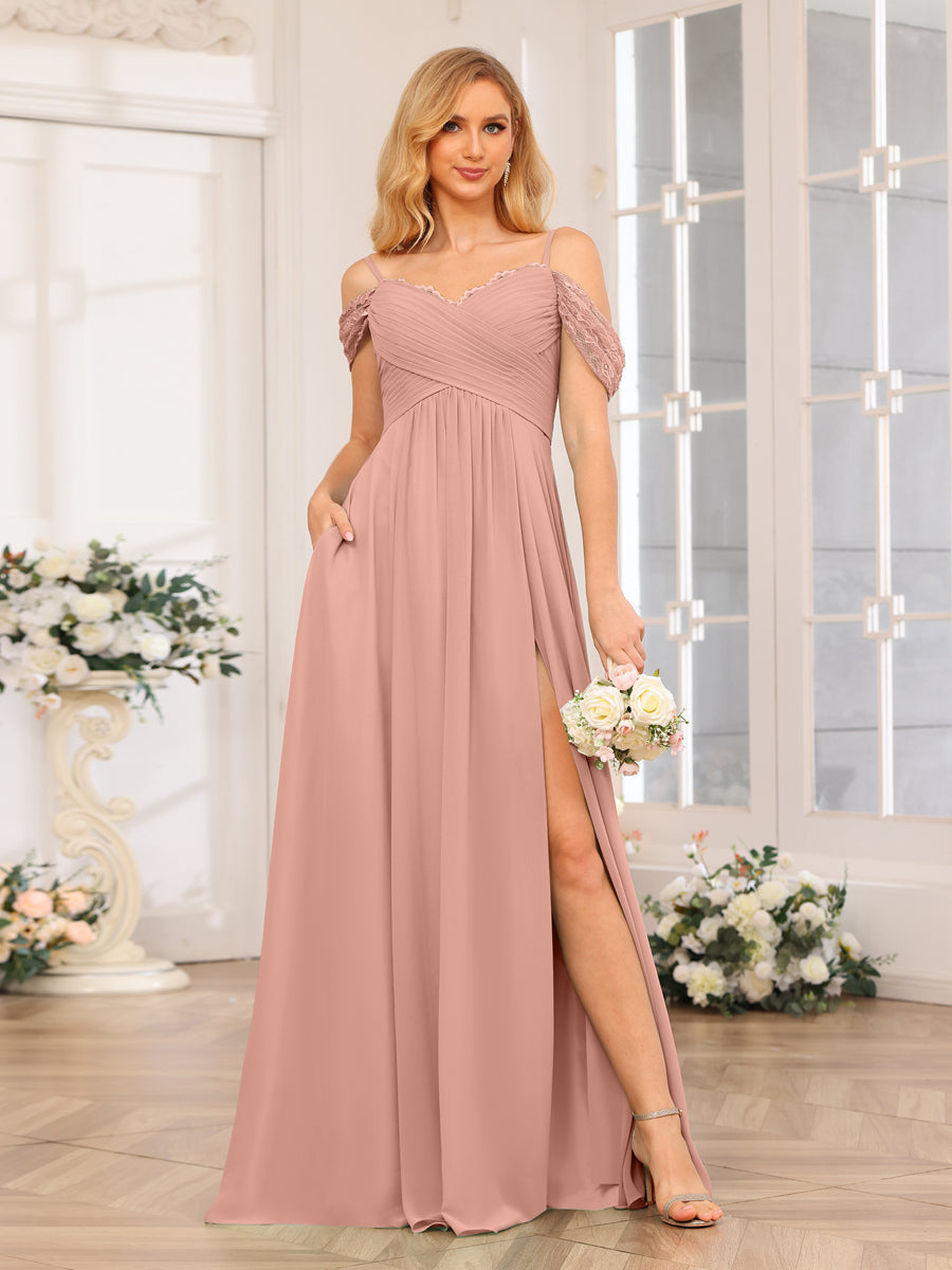 Vestidos Longos de Festa de Casamento com Alças Finas Evasê/Princesa com Laterais Divididas e Bolsos