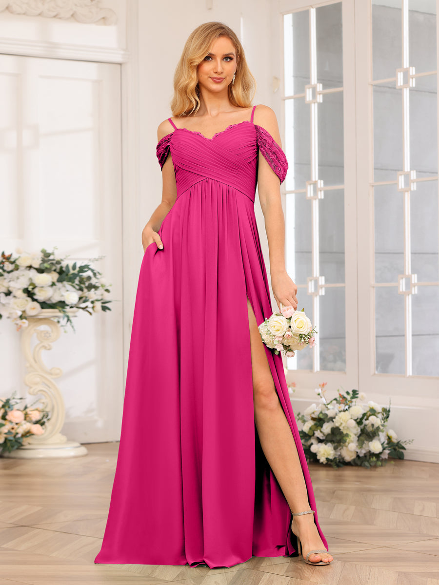 Vestidos Longos de Festa de Casamento com Alças Finas Evasê/Princesa com Laterais Divididas e Bolsos