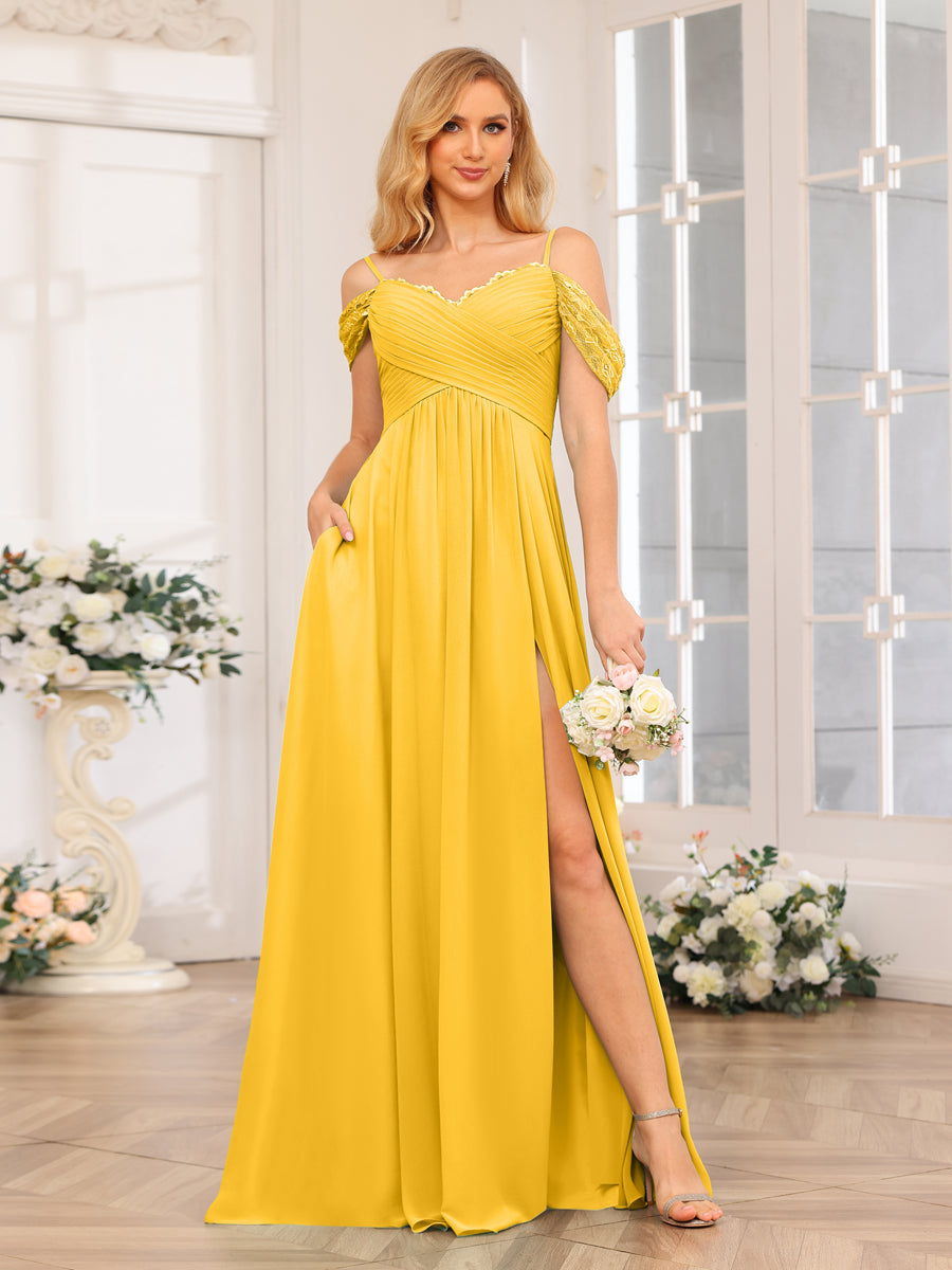 Vestidos Longos de Festa de Casamento com Alças Finas Evasê/Princesa com Laterais Divididas e Bolsos