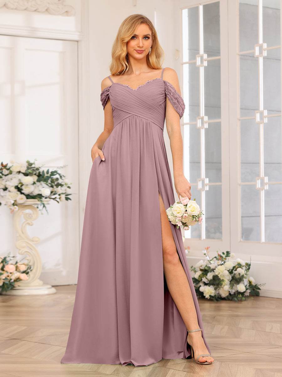Vestidos Longos de Festa de Casamento com Alças Finas Evasê/Princesa com Laterais Divididas e Bolsos