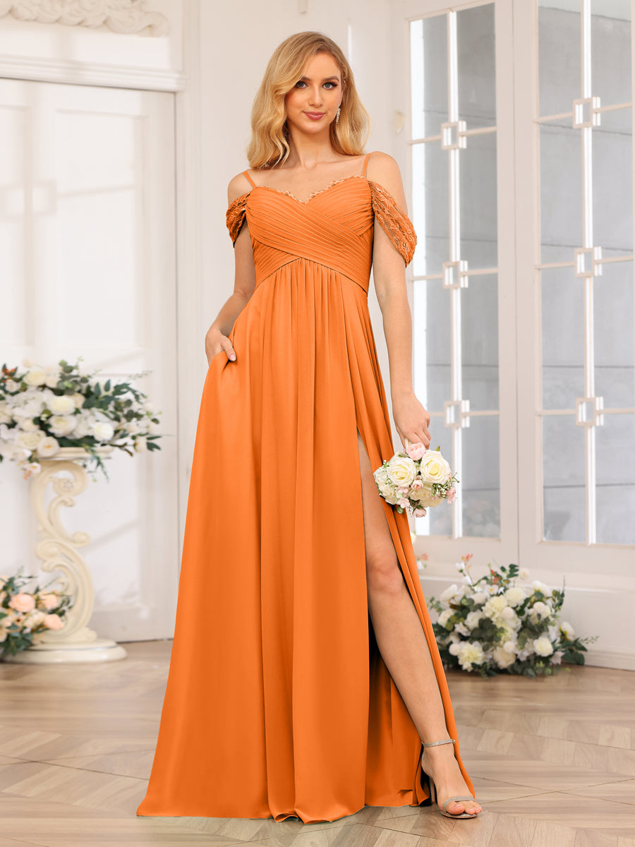 Vestidos Longos de Festa de Casamento com Alças Finas Evasê/Princesa com Laterais Divididas e Bolsos