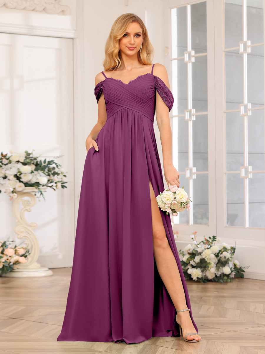Vestidos Longos de Festa de Casamento com Alças Finas Evasê/Princesa com Laterais Divididas e Bolsos