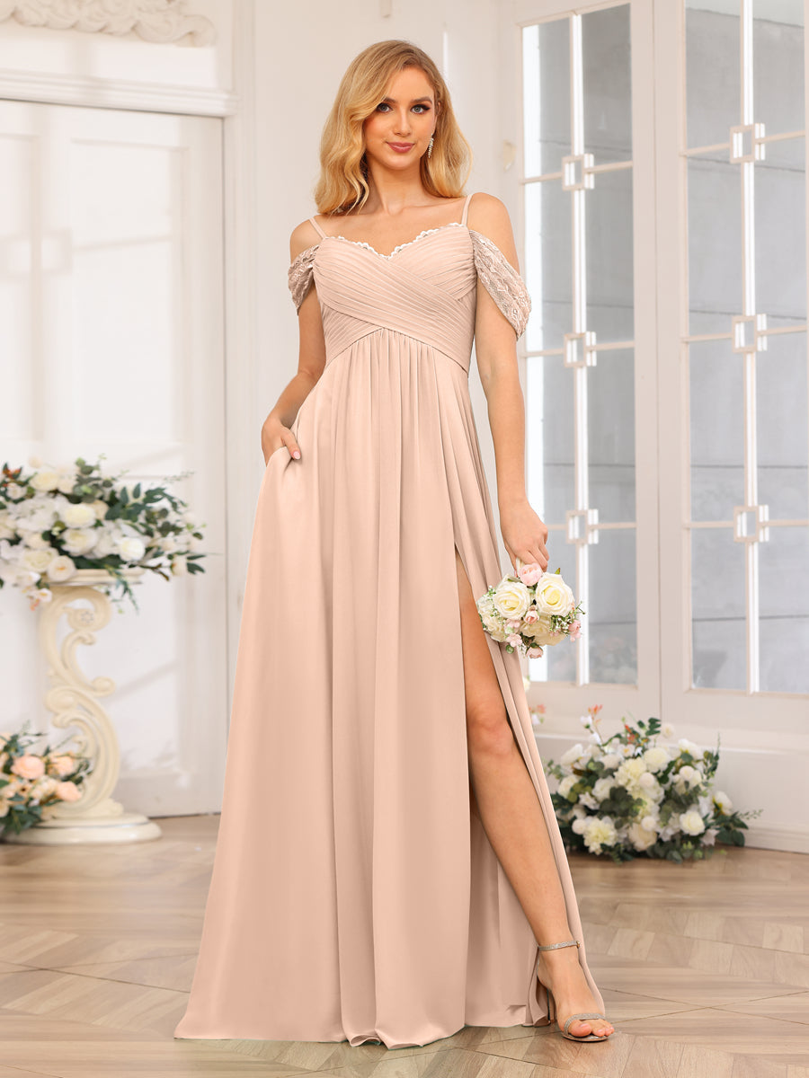 Vestidos Longos de Festa de Casamento com Alças Finas Evasê/Princesa com Laterais Divididas e Bolsos