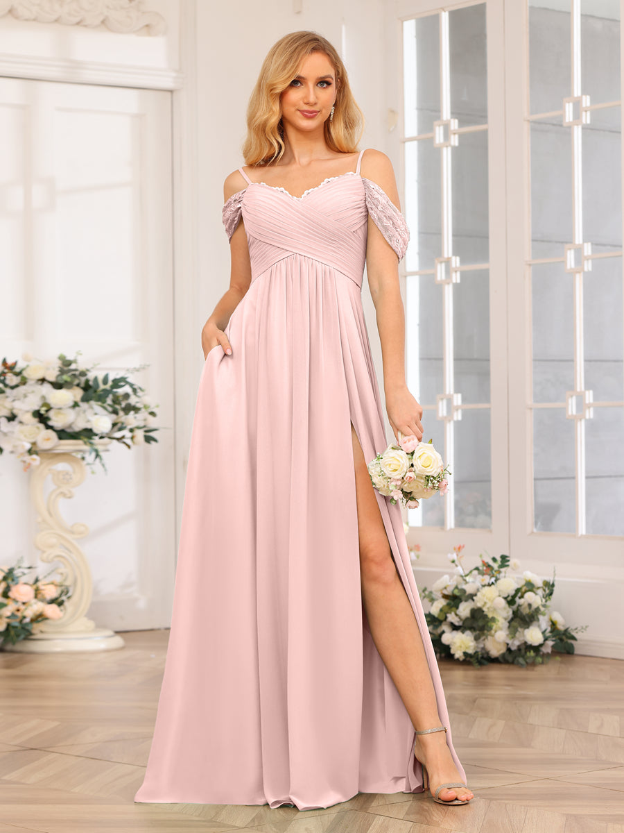 Vestidos Longos de Festa de Casamento com Alças Finas Evasê/Princesa com Laterais Divididas e Bolsos