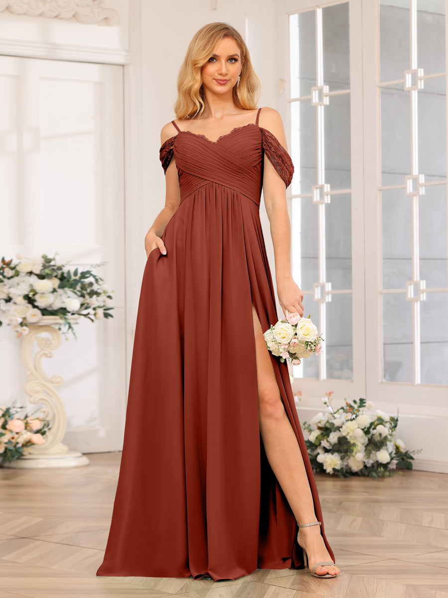 Vestidos Longos de Festa de Casamento com Alças Finas Evasê/Princesa com Laterais Divididas e Bolsos