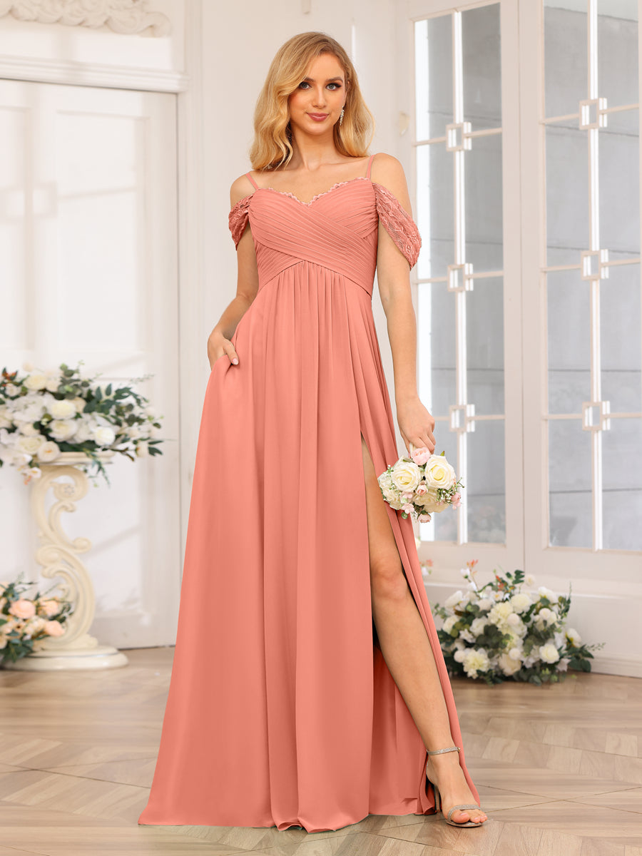Vestidos Longos de Festa de Casamento com Alças Finas Evasê/Princesa com Laterais Divididas e Bolsos