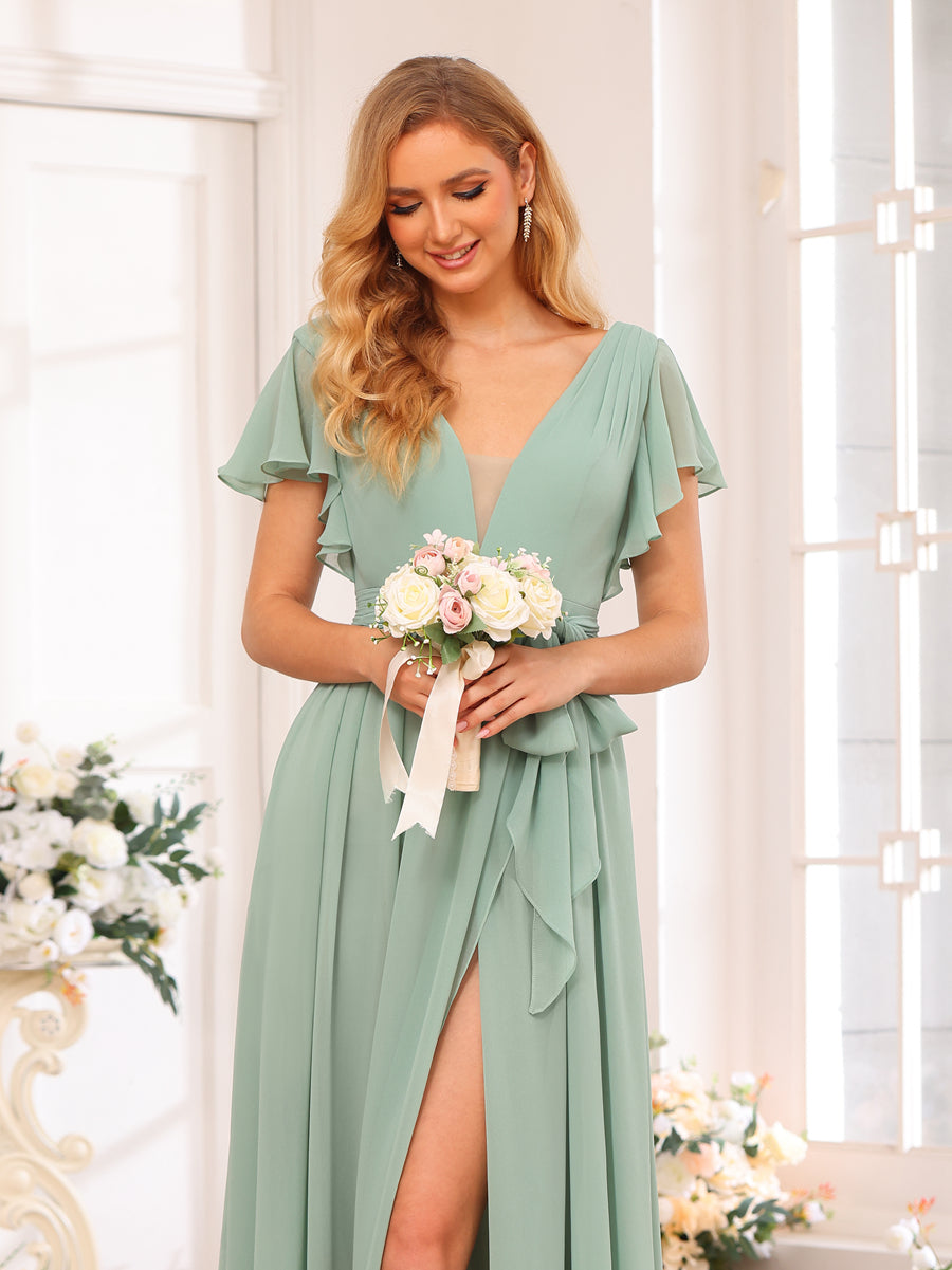 Vestidos Longos de Festa de Casamento com Decote Em V A-Line/Princesa com Divisão Lateral e Faixa