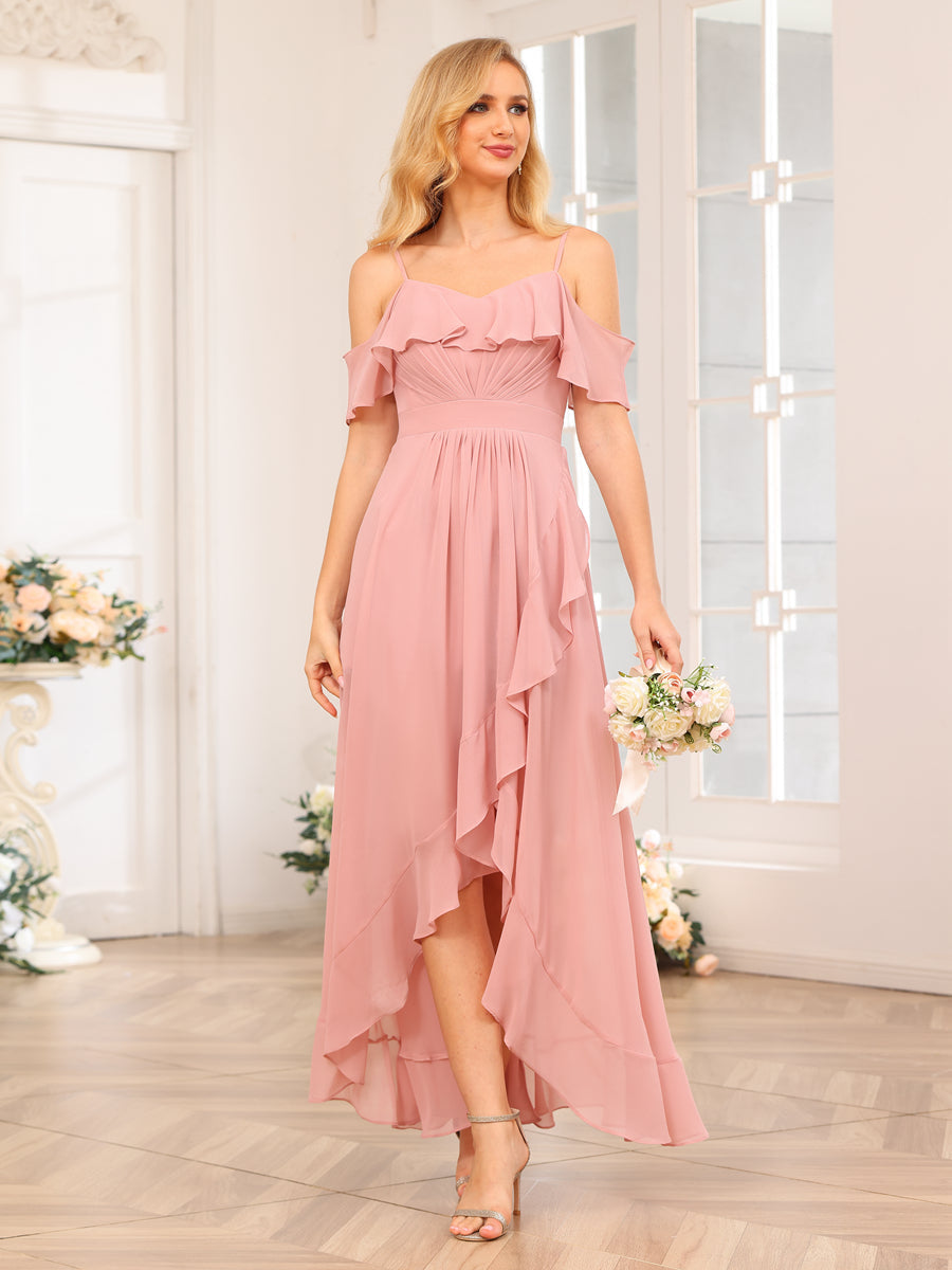 A-Line/Princesa Alças Finas Vestidos Longos de Festa de Casamento com Babados