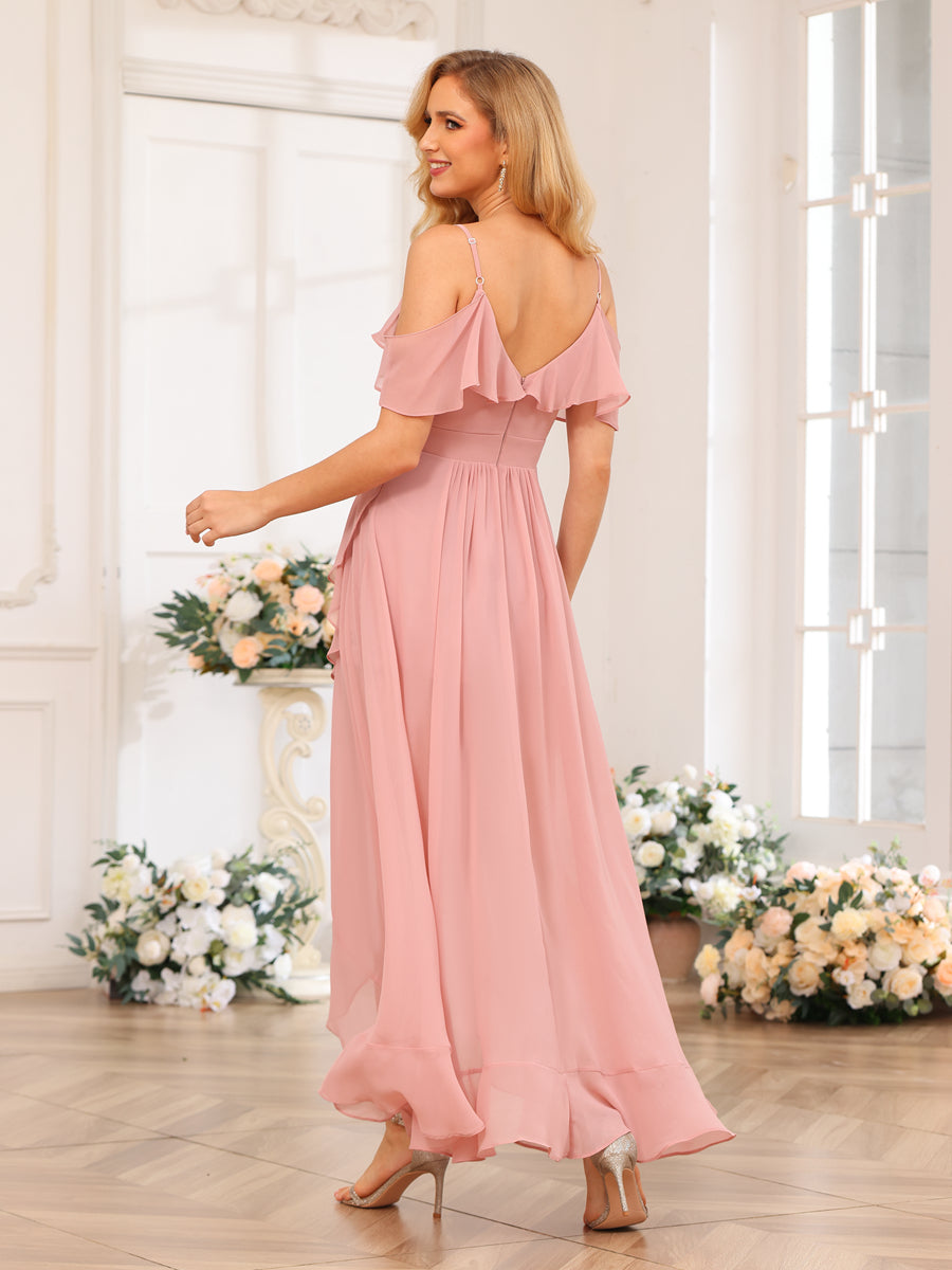 A-Line/Princesa Alças Finas Vestidos Longos de Festa de Casamento com Babados