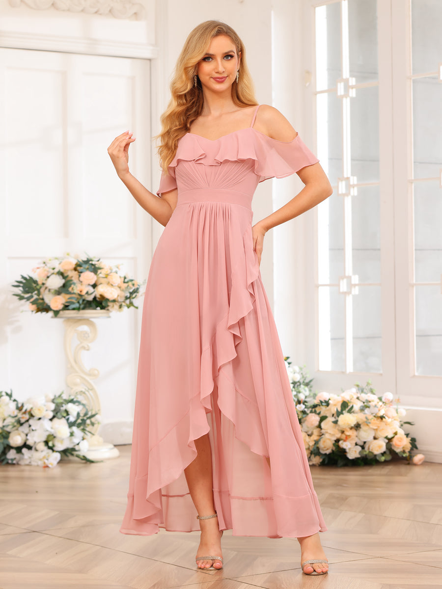 A-Line/Princesa Alças Finas Vestidos Longos de Festa de Casamento com Babados