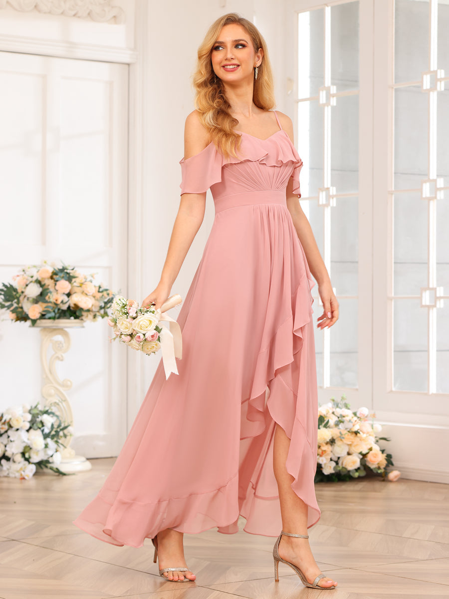 A-Line/Princesa Alças Finas Vestidos Longos de Festa de Casamento com Babados