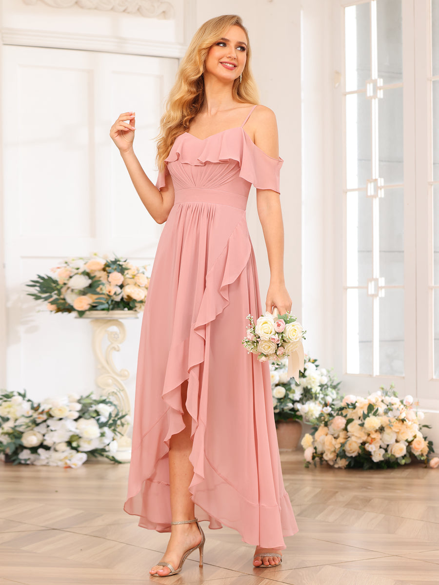 A-Line/Princesa Alças Finas Vestidos Longos de Festa de Casamento com Babados