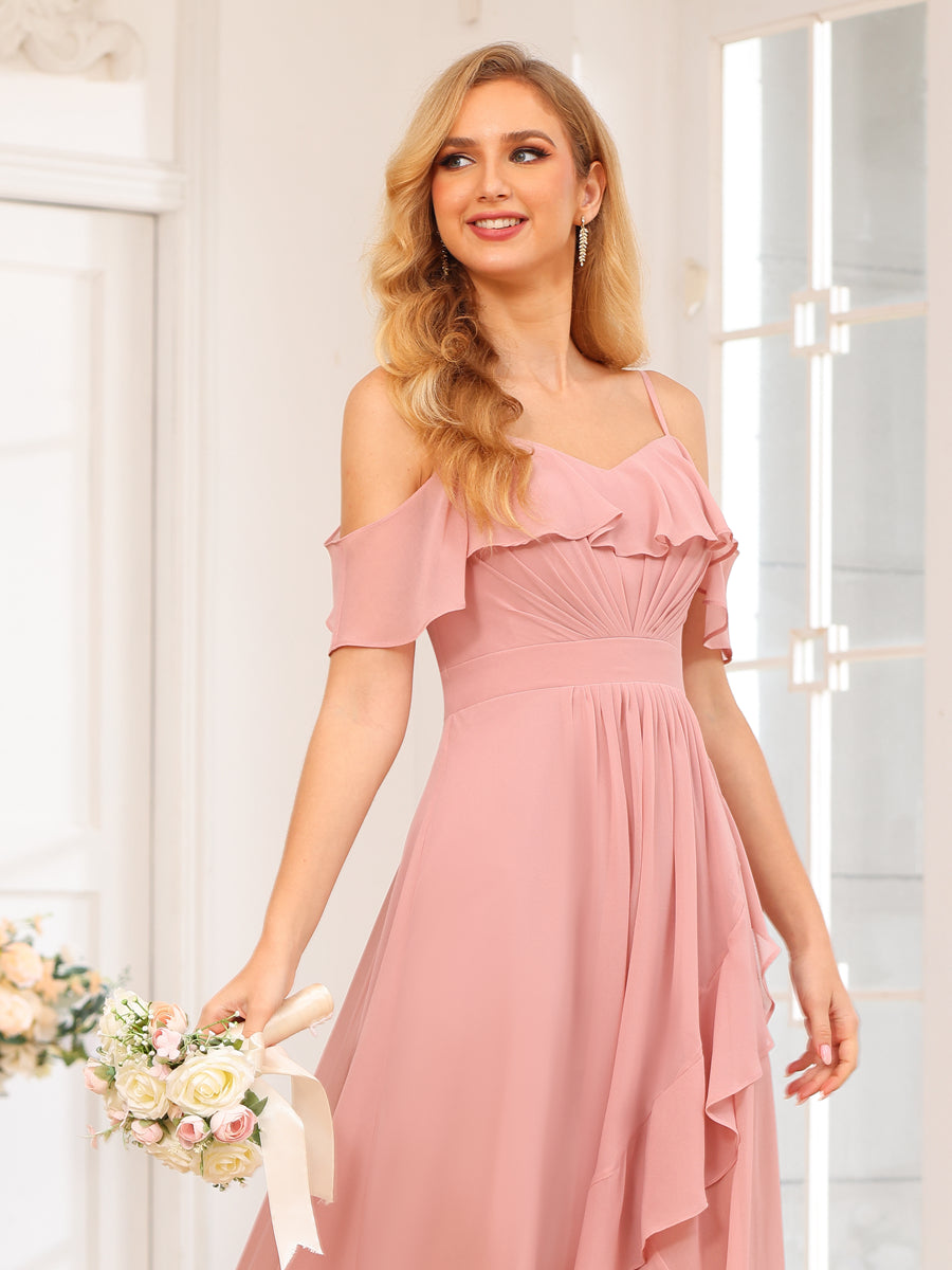 A-Line/Princesa Alças Finas Vestidos Longos de Festa de Casamento com Babados