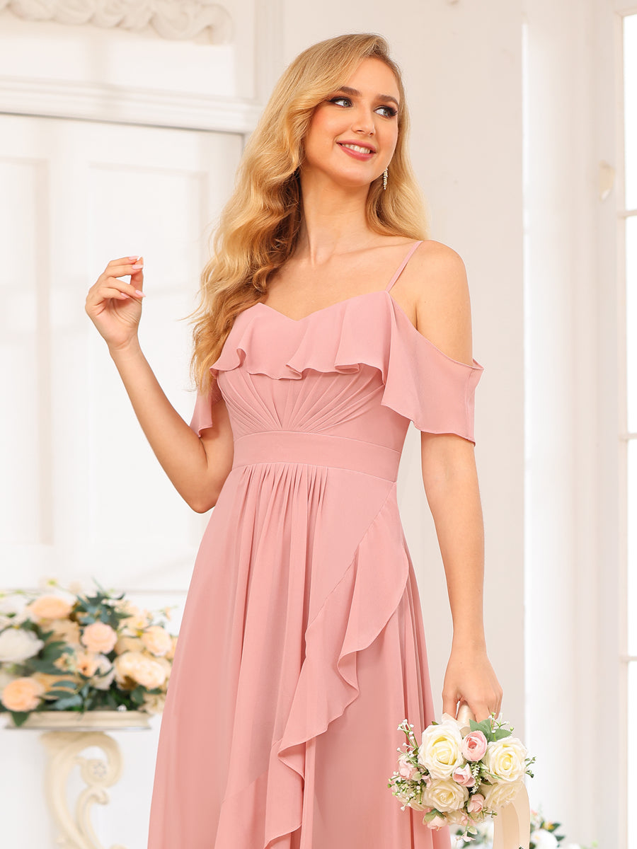 A-Line/Princesa Alças Finas Vestidos Longos de Festa de Casamento com Babados