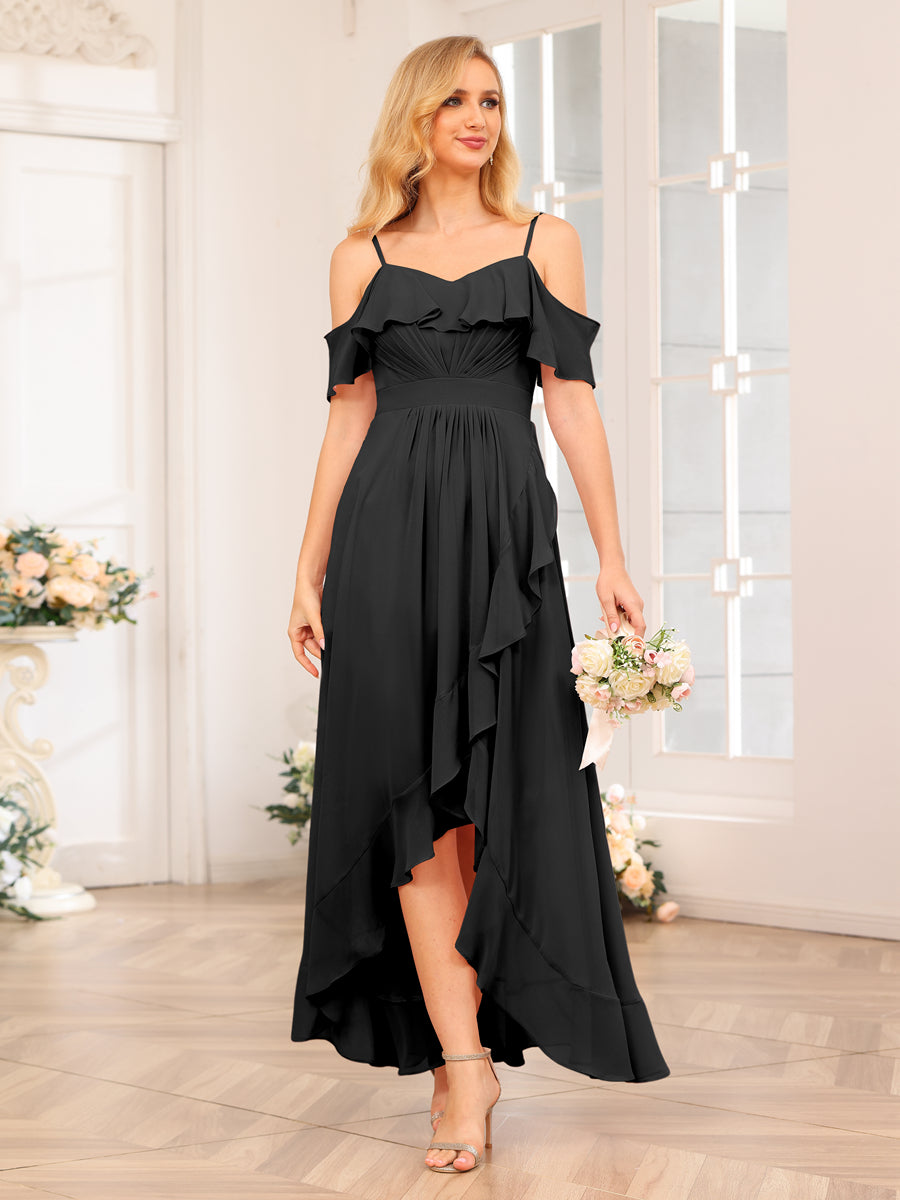 A-Line/Princesa Alças Finas Vestidos Longos de Festa de Casamento com Babados