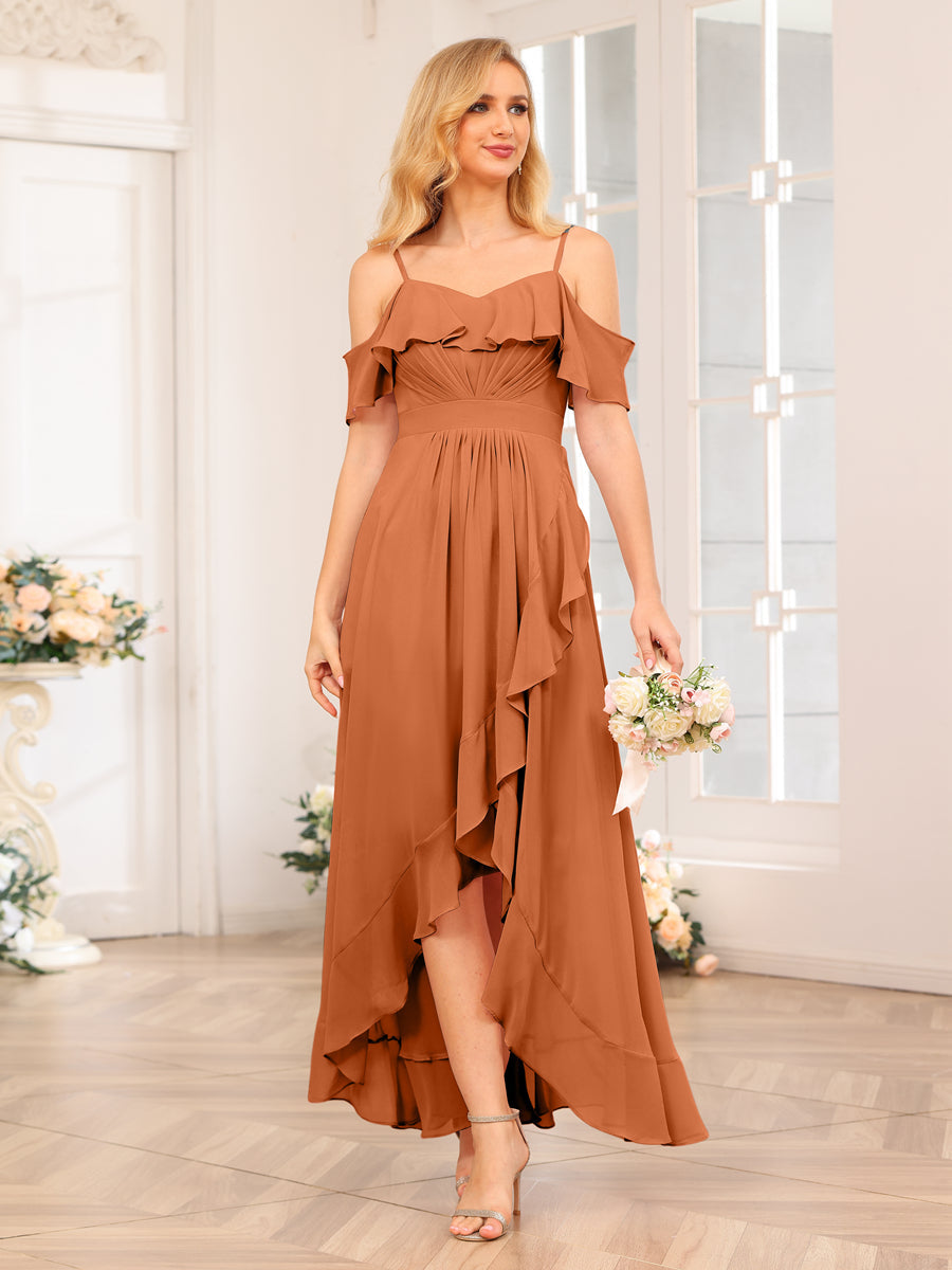 A-Line/Princesa Alças Finas Vestidos Longos de Festa de Casamento com Babados