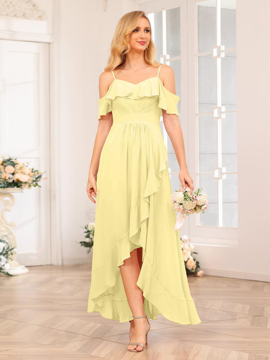 A-Line/Princesa Alças Finas Vestidos Longos de Festa de Casamento com Babados