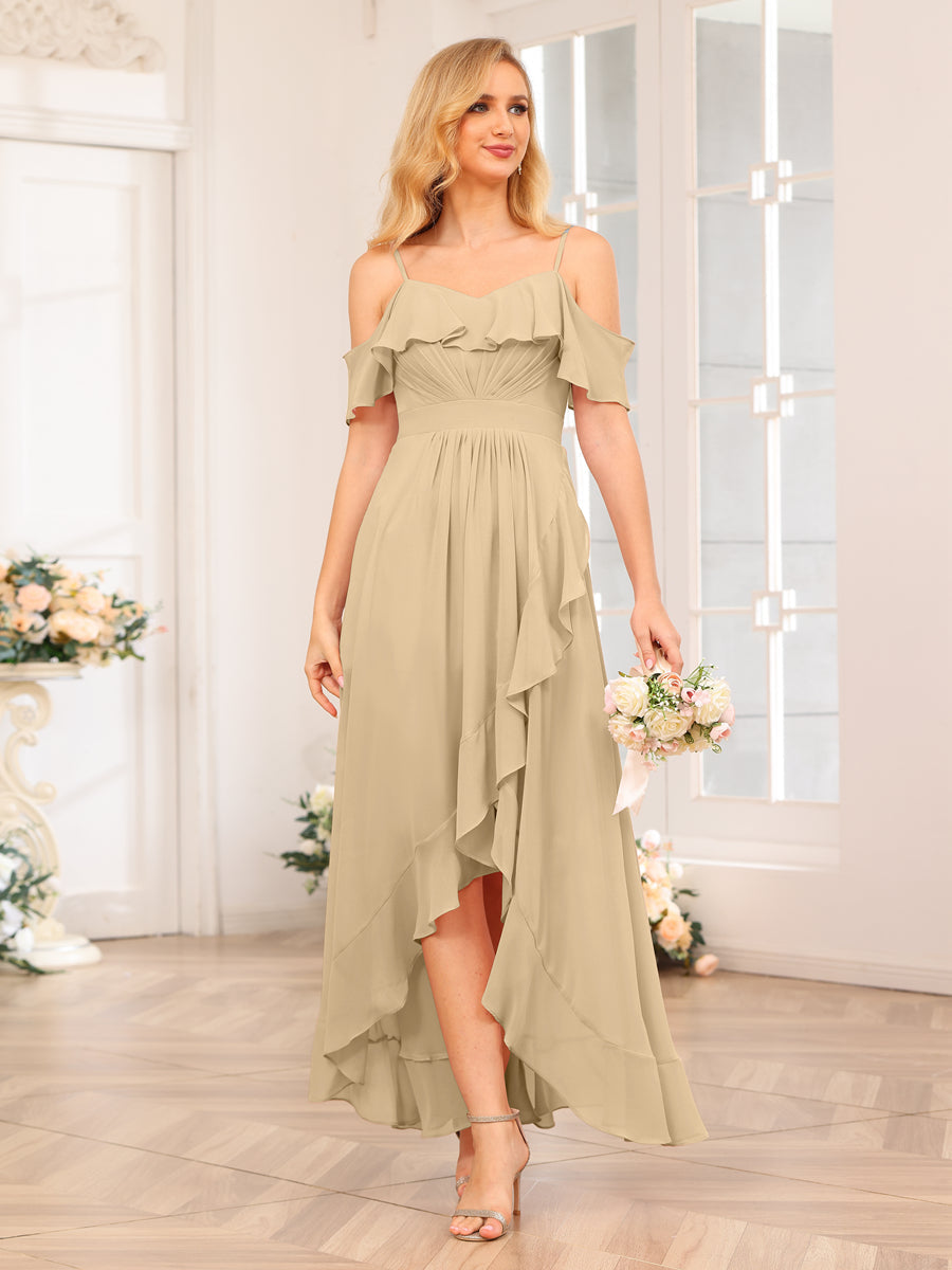 A-Line/Princesa Alças Finas Vestidos Longos de Festa de Casamento com Babados
