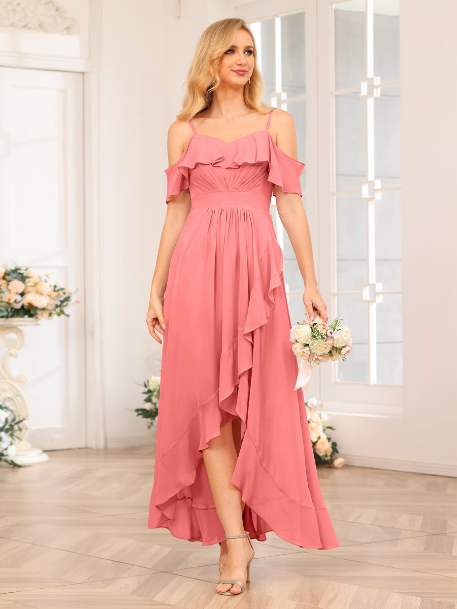 A-Line/Princesa Alças Finas Vestidos Longos de Festa de Casamento com Babados