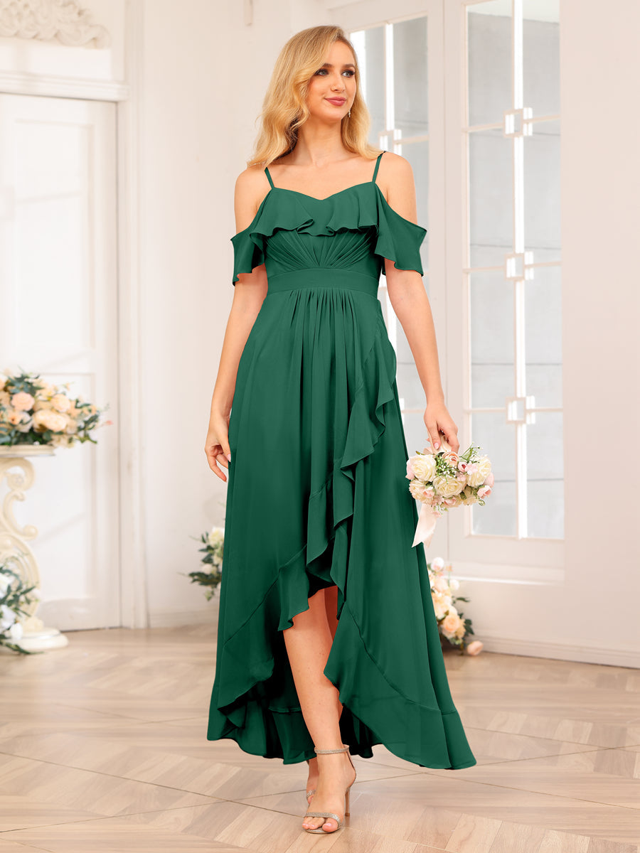 A-Line/Princesa Alças Finas Vestidos Longos de Festa de Casamento com Babados