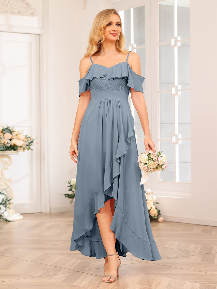 A-Line/Princesa Alças Finas Vestidos Longos de Festa de Casamento com Babados