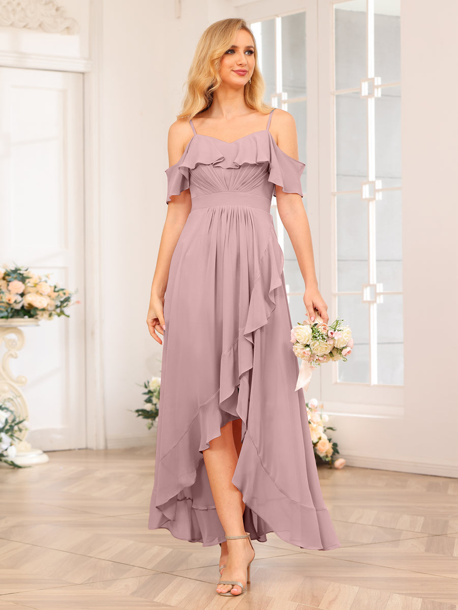 A-Line/Princesa Alças Finas Vestidos Longos de Festa de Casamento com Babados