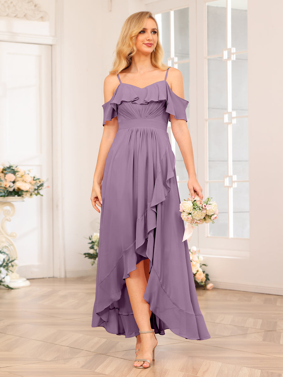 A-Line/Princesa Alças Finas Vestidos Longos de Festa de Casamento com Babados