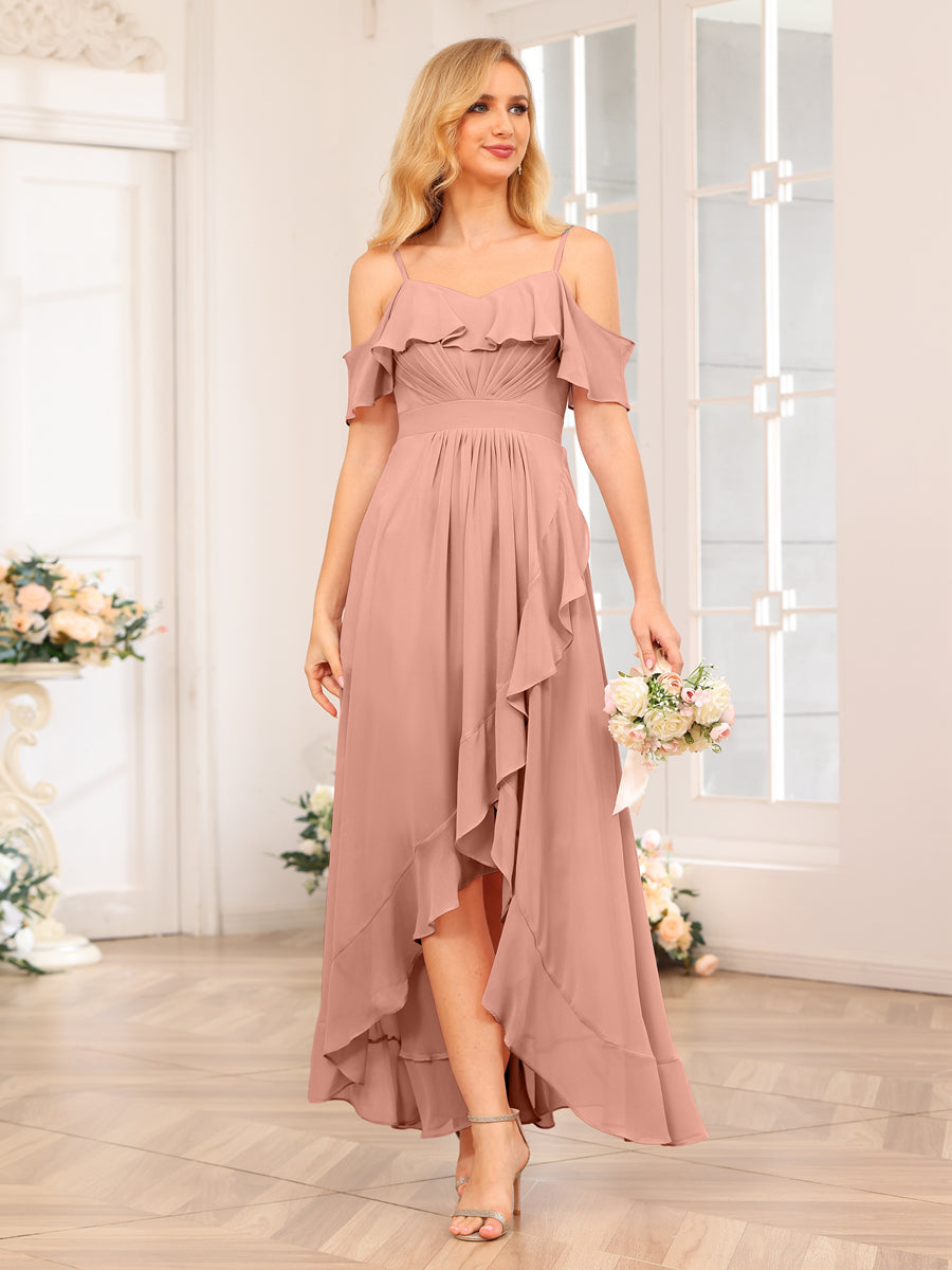 A-Line/Princesa Alças Finas Vestidos Longos de Festa de Casamento com Babados
