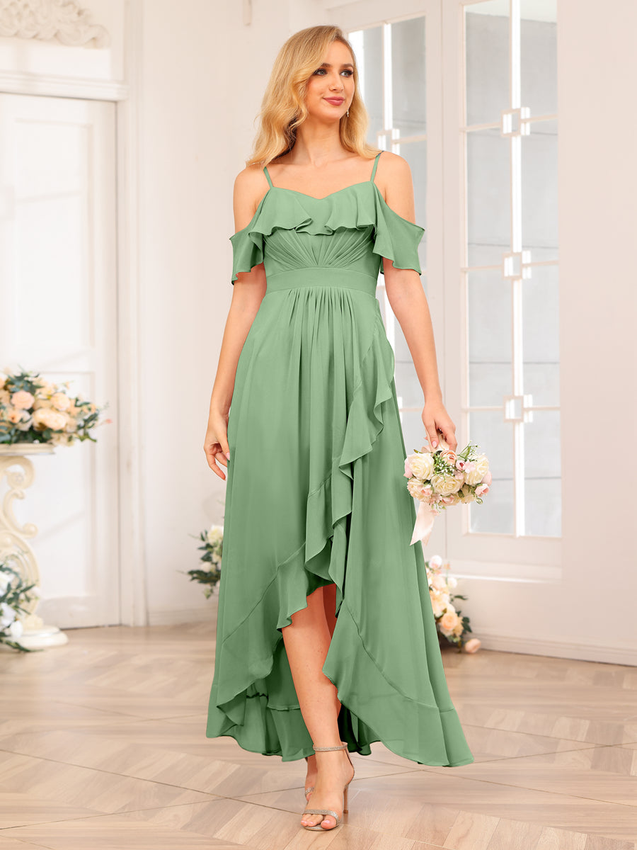 A-Line/Princesa Alças Finas Vestidos Longos de Festa de Casamento com Babados
