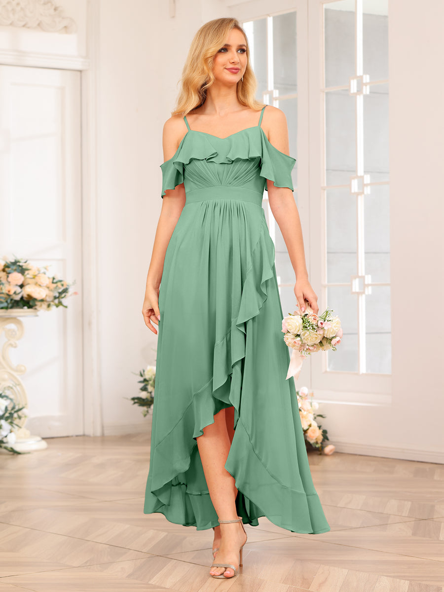 A-Line/Princesa Alças Finas Vestidos Longos de Festa de Casamento com Babados