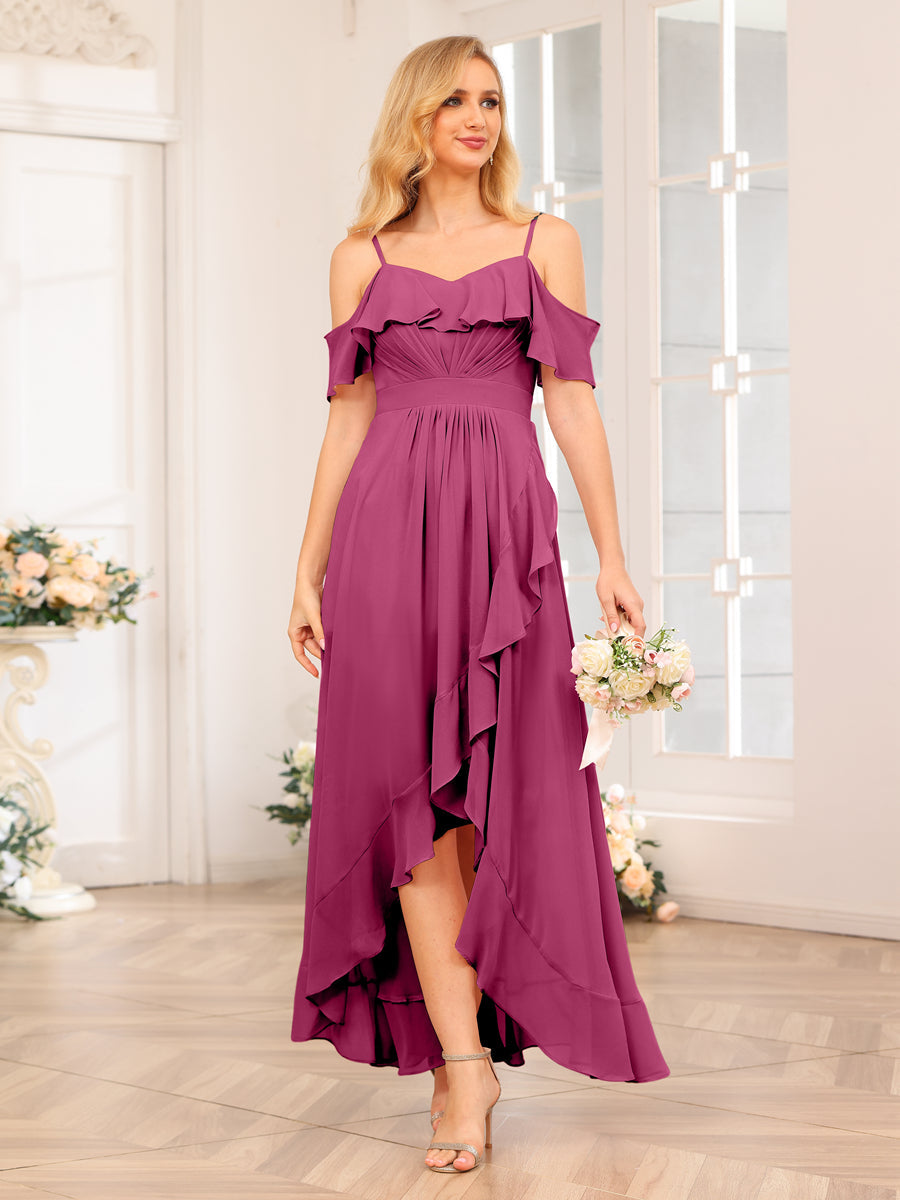 A-Line/Princesa Alças Finas Vestidos Longos de Festa de Casamento com Babados