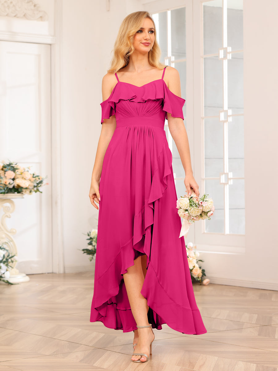 A-Line/Princesa Alças Finas Vestidos Longos de Festa de Casamento com Babados