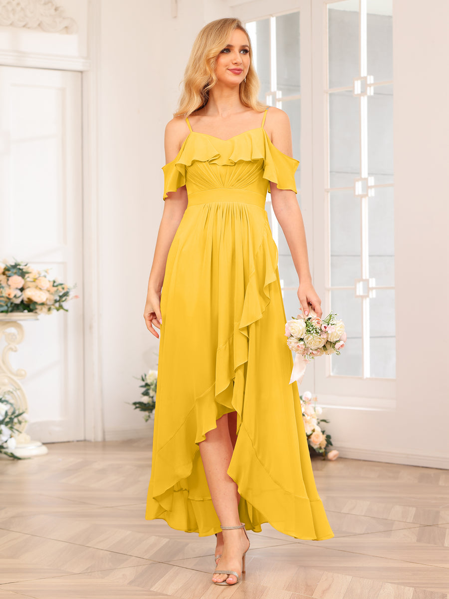 A-Line/Princesa Alças Finas Vestidos Longos de Festa de Casamento com Babados