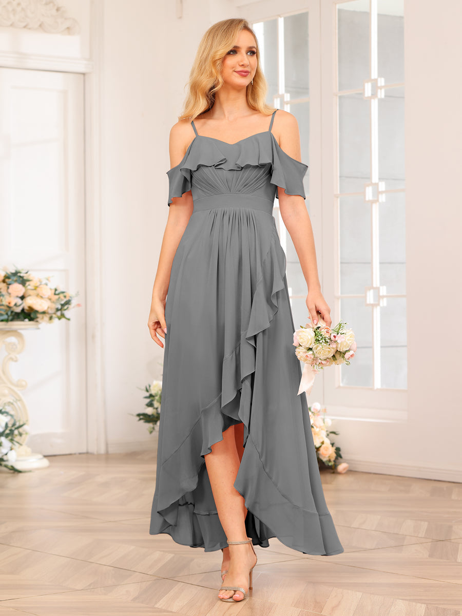 A-Line/Princesa Alças Finas Vestidos Longos de Festa de Casamento com Babados