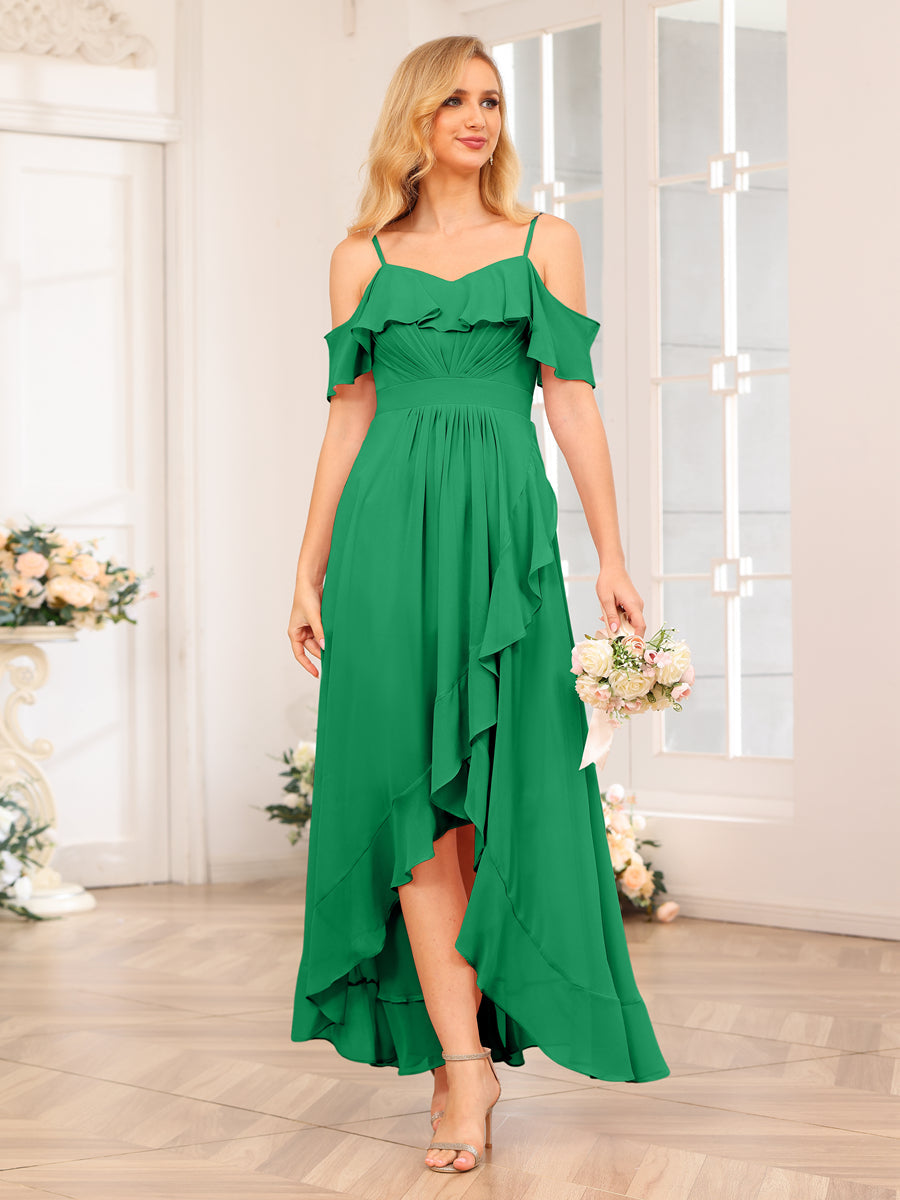 A-Line/Princesa Alças Finas Vestidos Longos de Festa de Casamento com Babados