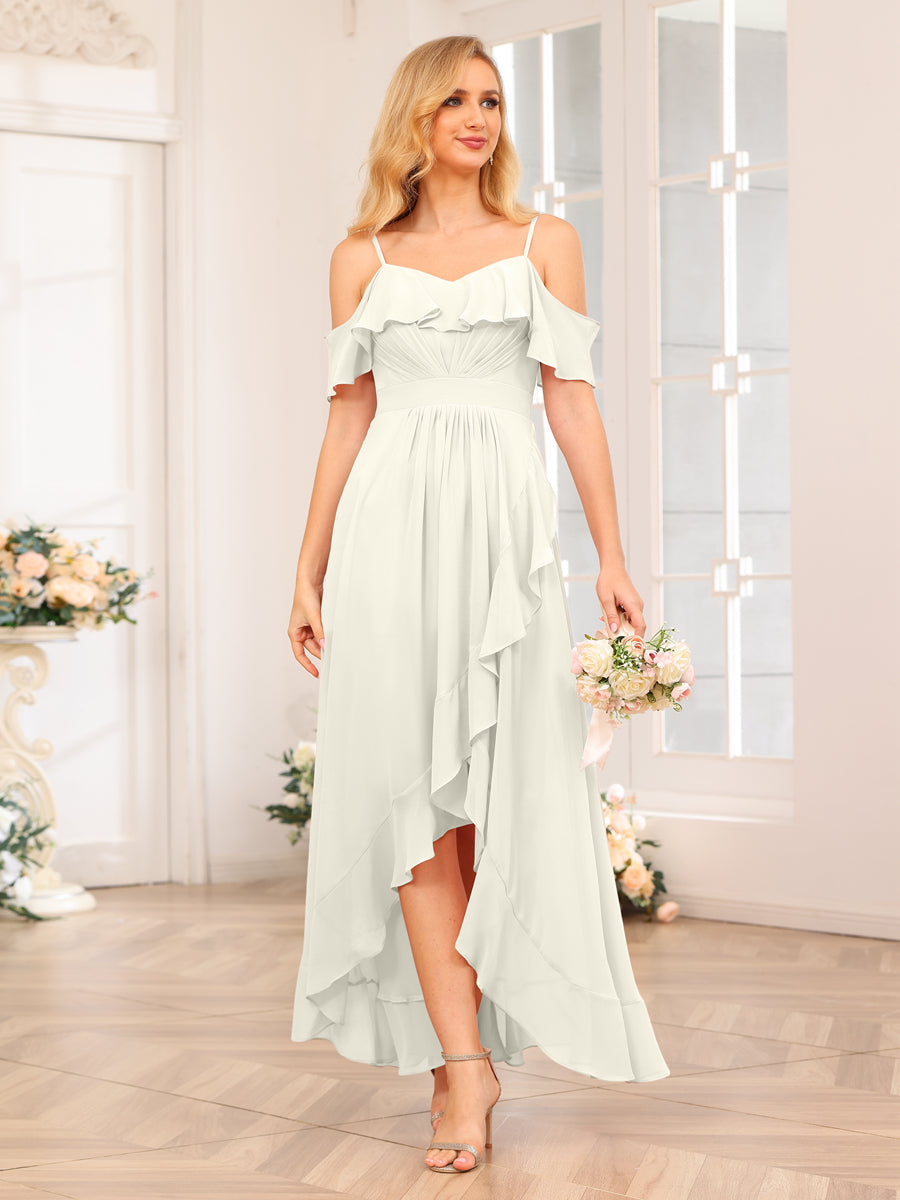 A-Line/Princesa Alças Finas Vestidos Longos de Festa de Casamento com Babados