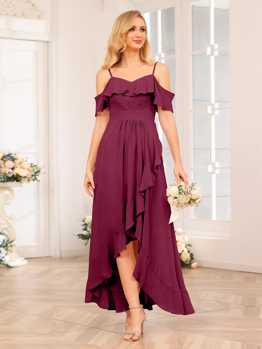 A-Line/Princesa Alças Finas Vestidos Longos de Festa de Casamento com Babados
