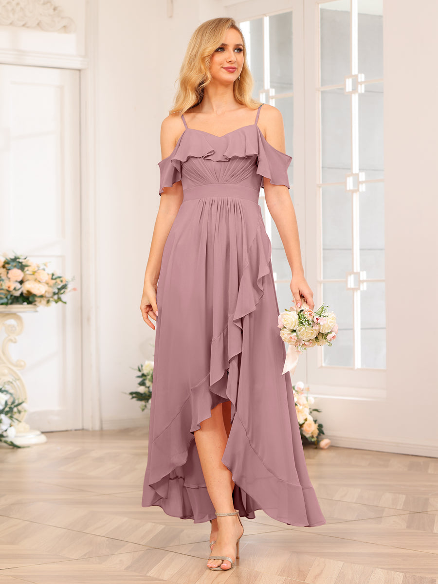 A-Line/Princesa Alças Finas Vestidos Longos de Festa de Casamento com Babados