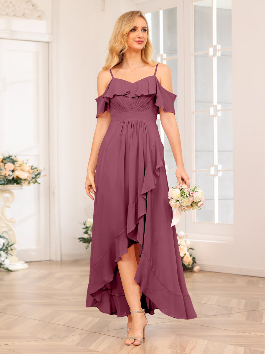 A-Line/Princesa Alças Finas Vestidos Longos de Festa de Casamento com Babados